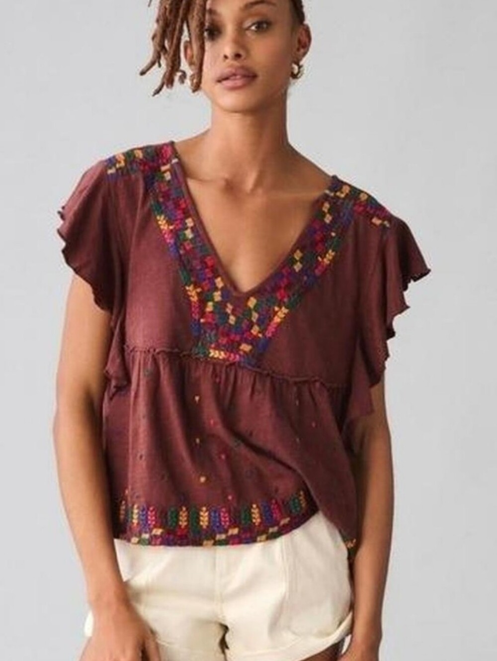 Anthropologie Flutter Sleeve Embroidered Top SzS